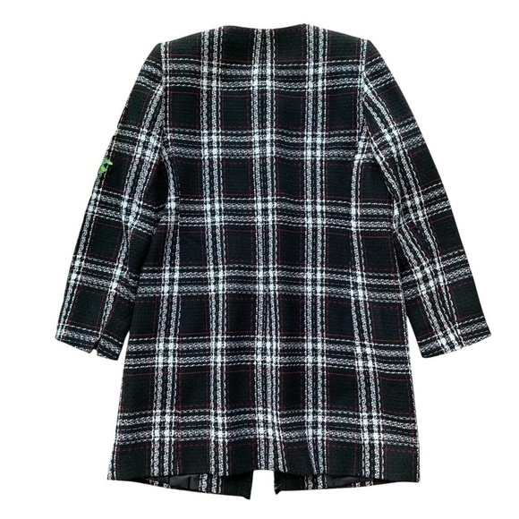 Tahari ASL Levine Plaid Check Fringe Velvet Trim Long Jacket Black White Size 10 - Picture 2 of 9